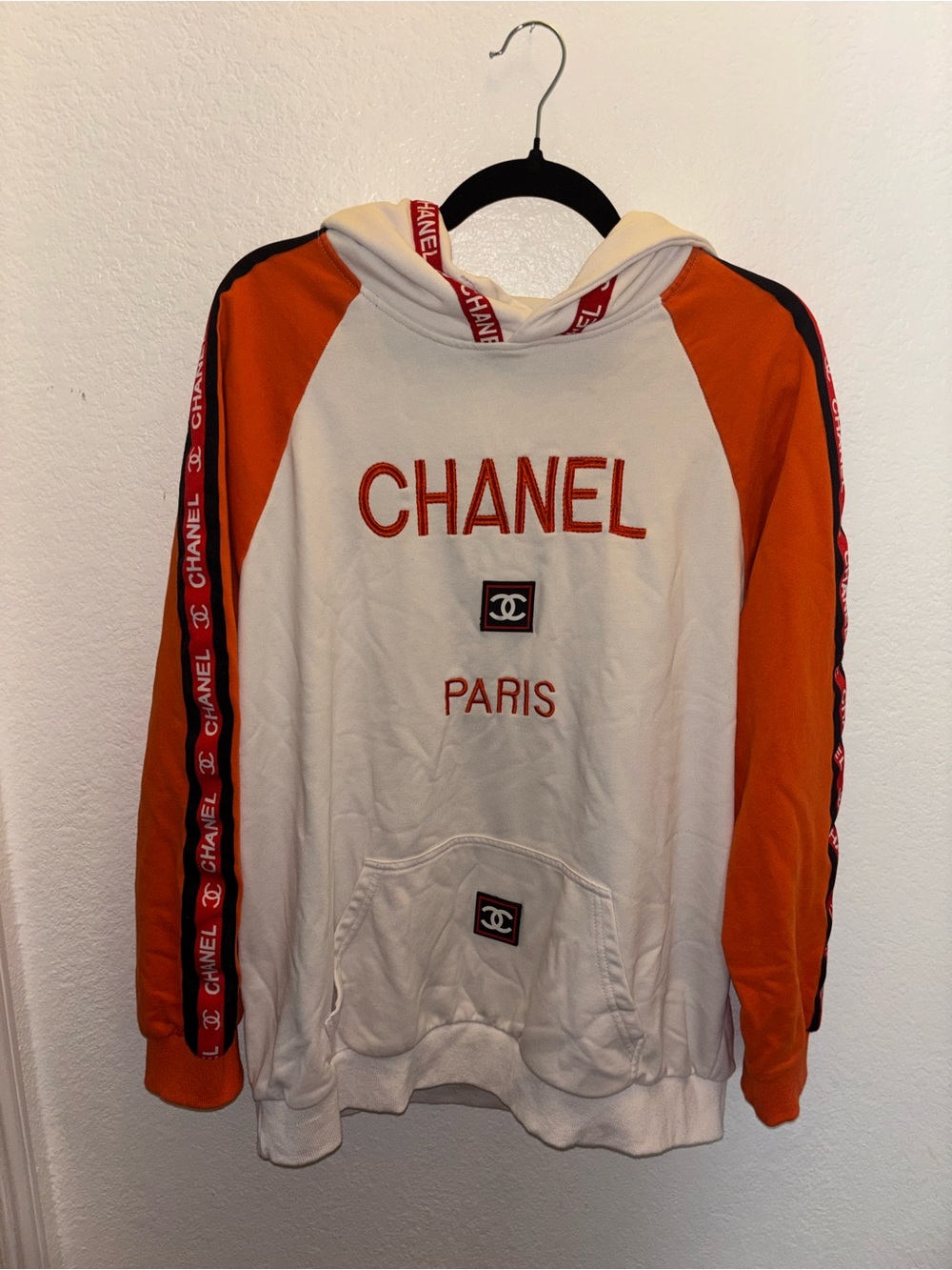 CHANEL White & Orange Logo Pullover Hoodie